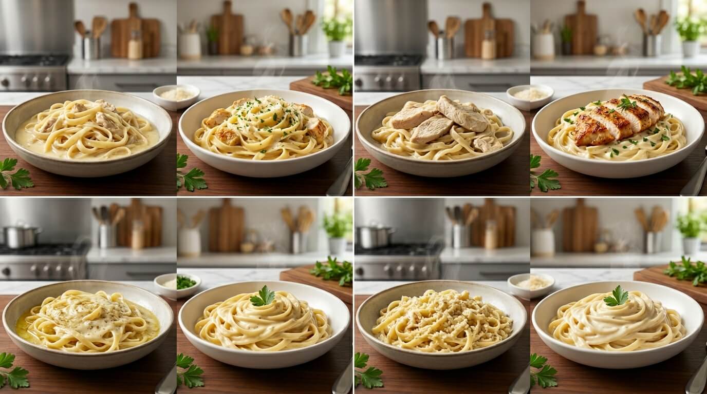 Chicken Alfredo Pasta variations with creamy fettuccine, different chicken styles, and sauce textures served in multiple bowls