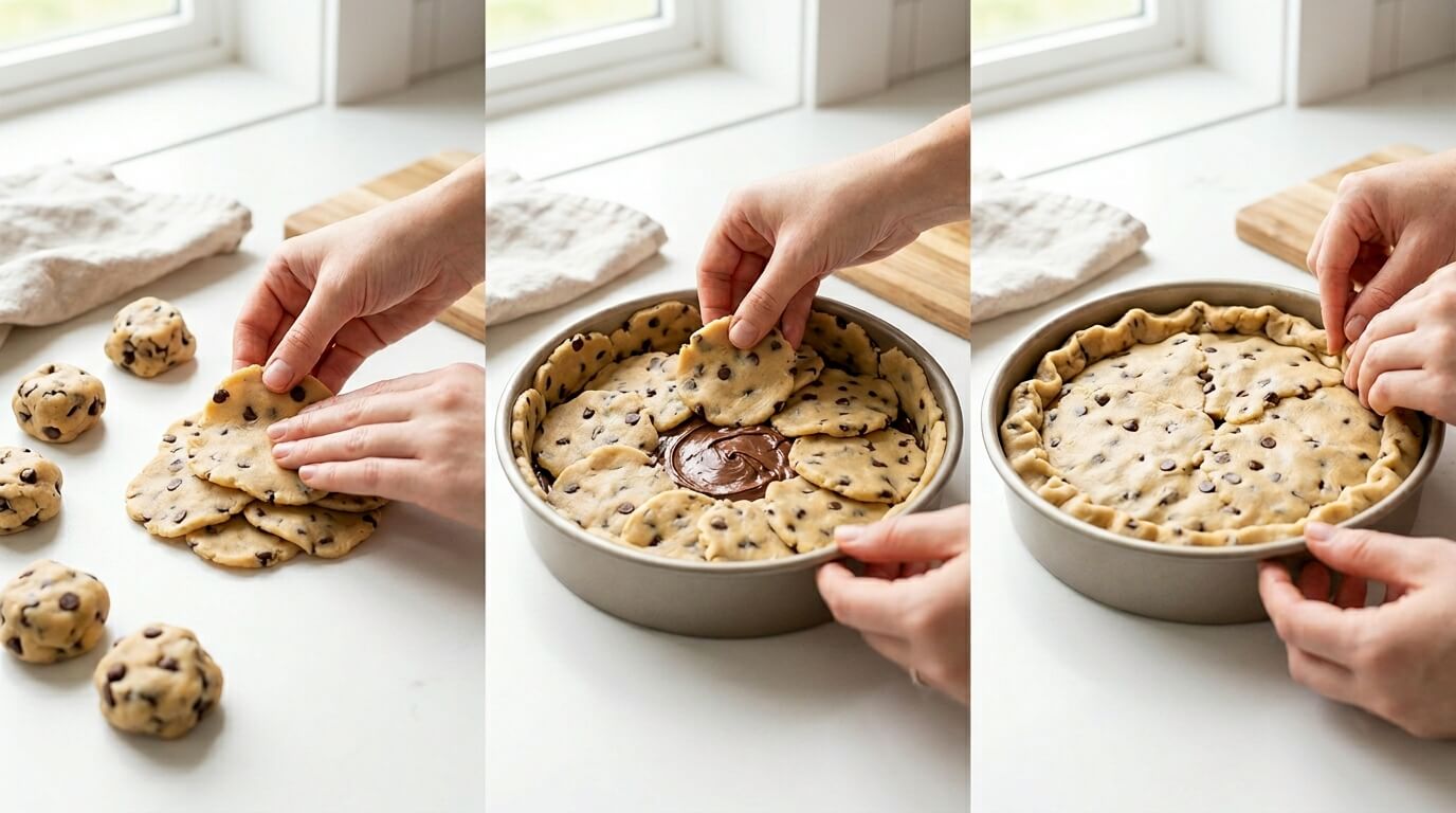 Assembling Nutella Stuffed Cookie Pie by layering cookie dough over Nutella filling and sealing top crust