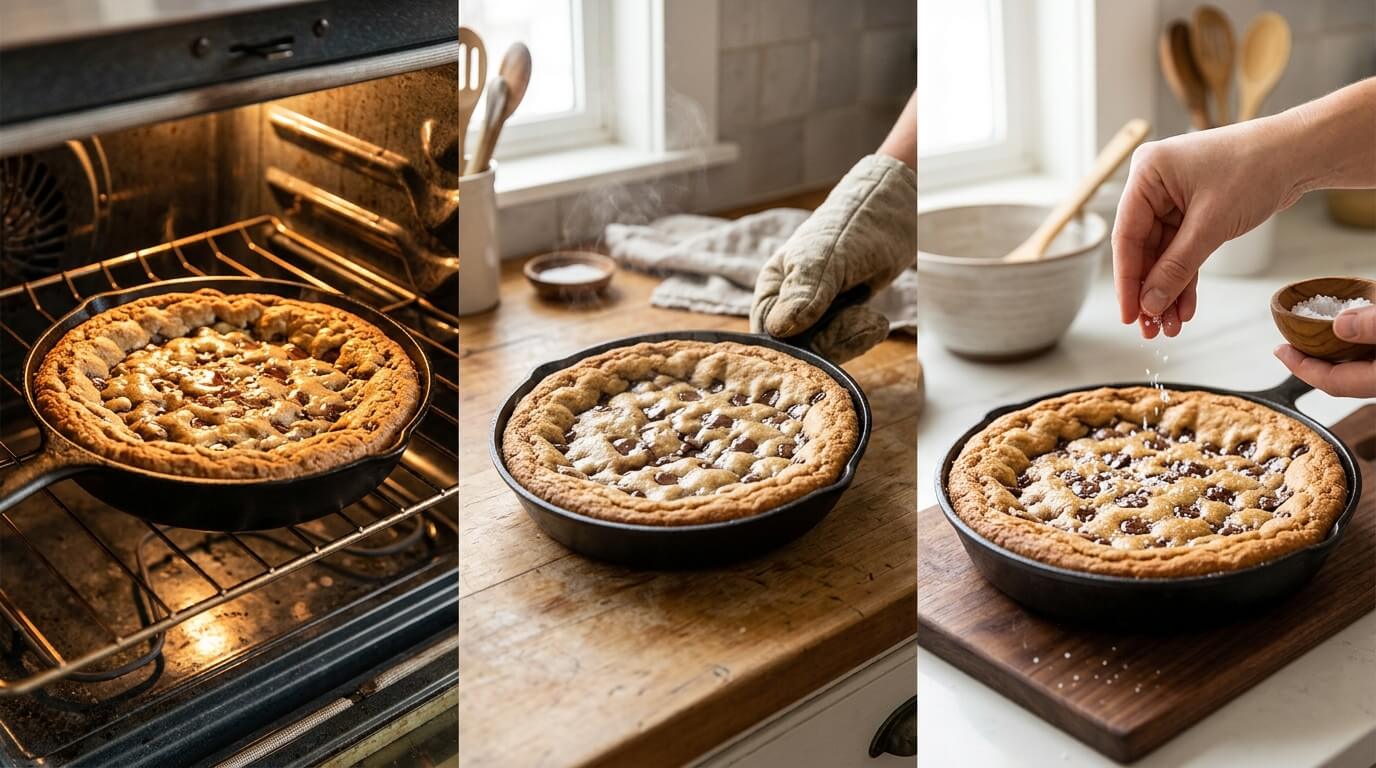 Baking Nutella Stuffed Cookie Pie in oven, cooling in pan, and finishing with sugar topping on golden crust