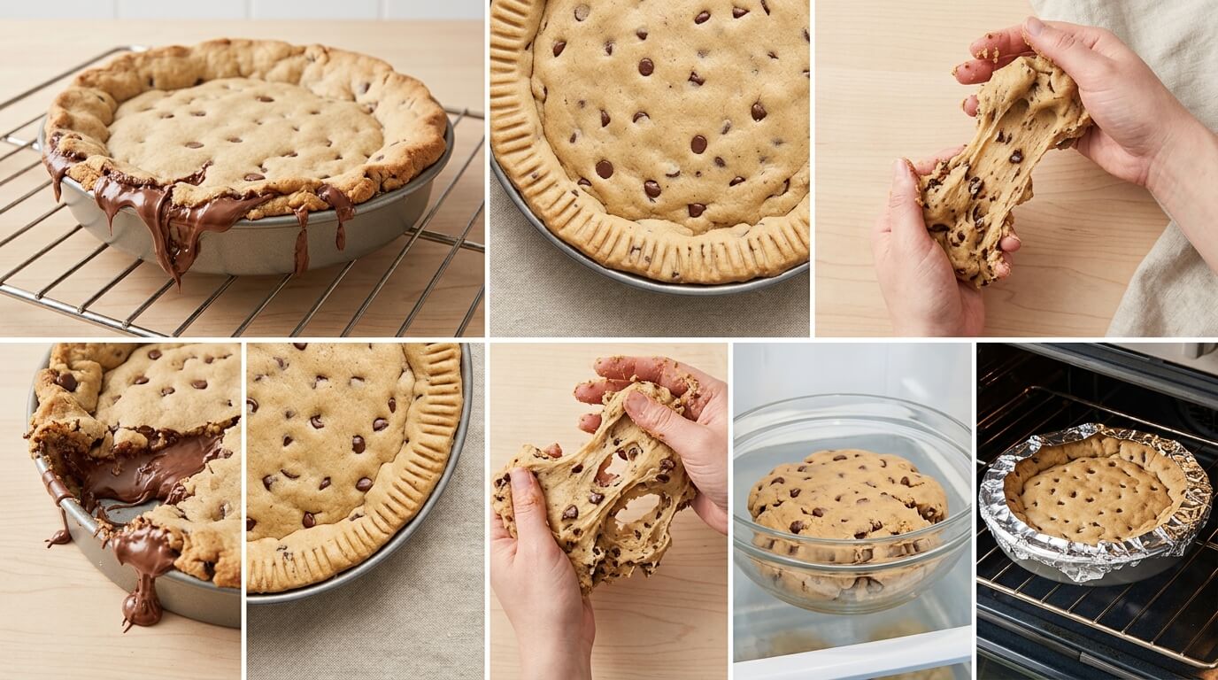 Nutella Stuffed Cookie Pie recipe step-by-step: pressing chocolate chip cookie dough into a pie dish, mixing dough with electric mixer, lining a baking pan with parchment paper, and spreading creamy Nutella filling
