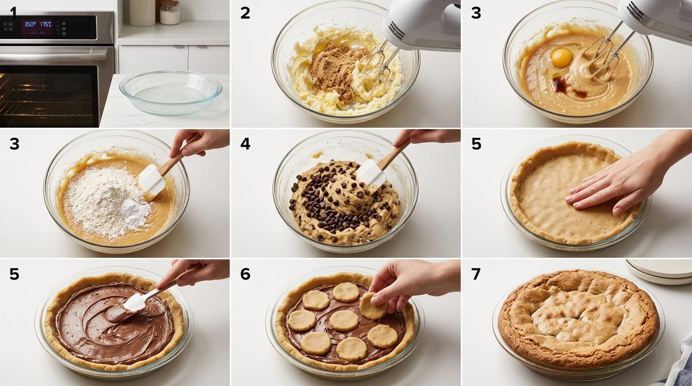Step-by-step Nutella Stuffed Cookie Pie recipe: cookie dough in pie dish, mixing cookie dough with hand mixer, preparing baking pan with parchment paper, and spreading creamy Nutella over cookie base