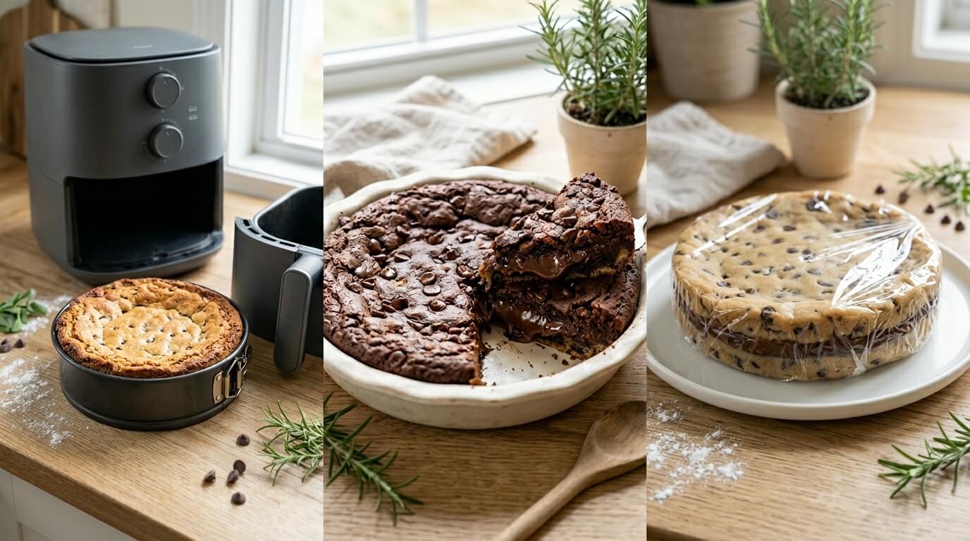 Nutella Stuffed Cookie Pie variations with baked cookie pie, sliced gooey center, and wrapped unbaked version on table