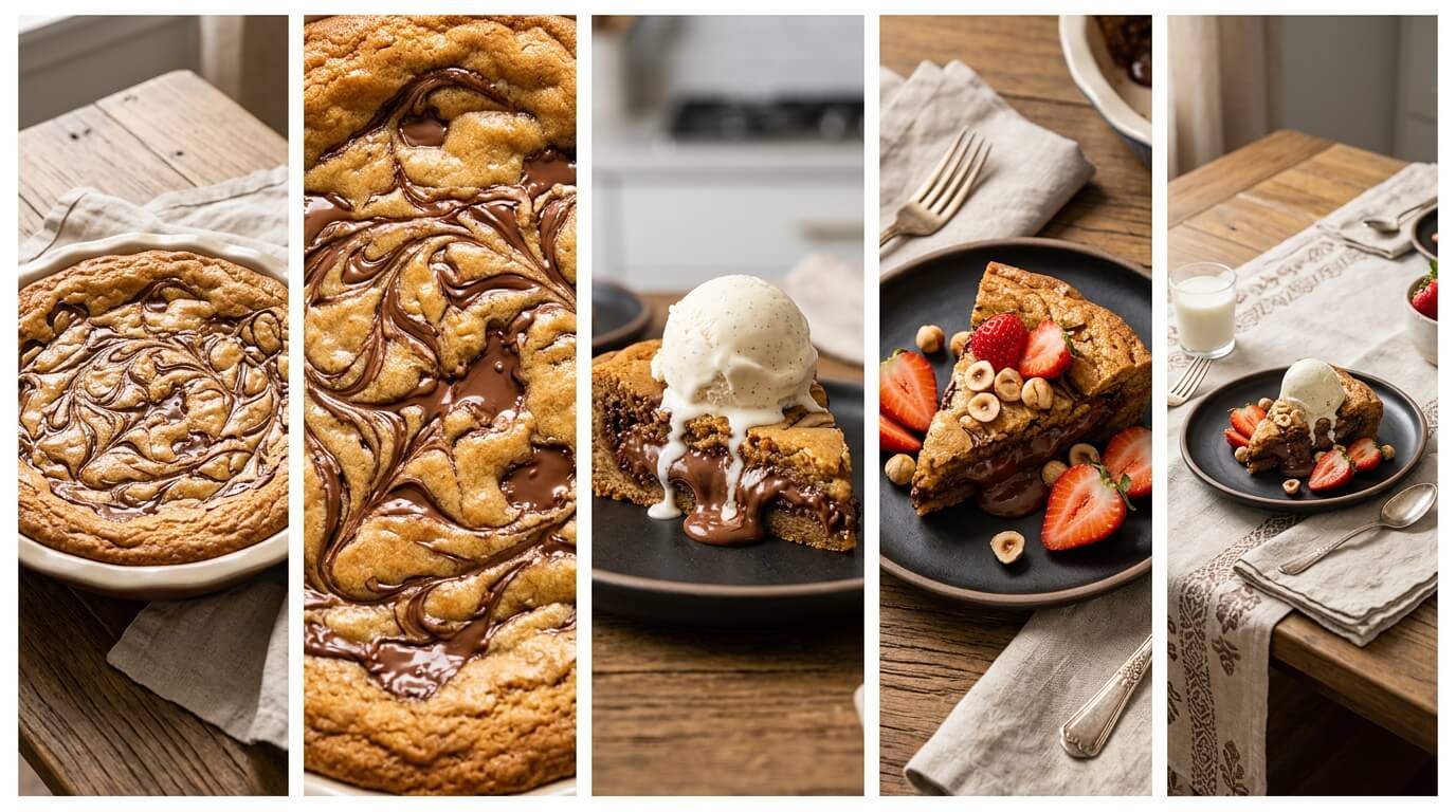Step-by-step Nutella Stuffed Cookie Pie recipe: cookie dough in pie dish, mixing cookie dough with hand mixer, preparing baking pan with parchment paper, and spreading creamy Nutella over cookie base