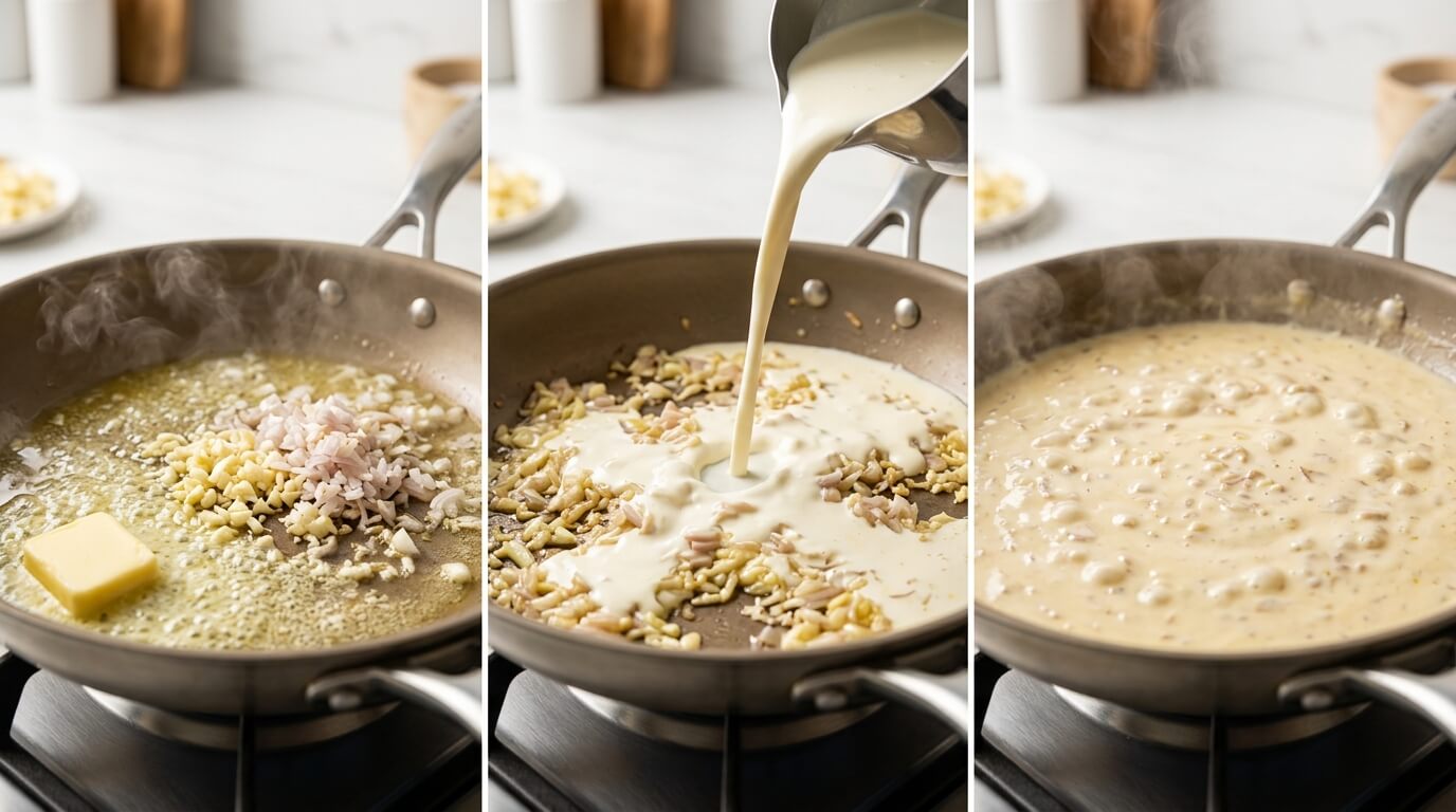 Making Salmon Alfredo Pasta sauce with garlic, butter, cream added, and simmering into a rich creamy sauce