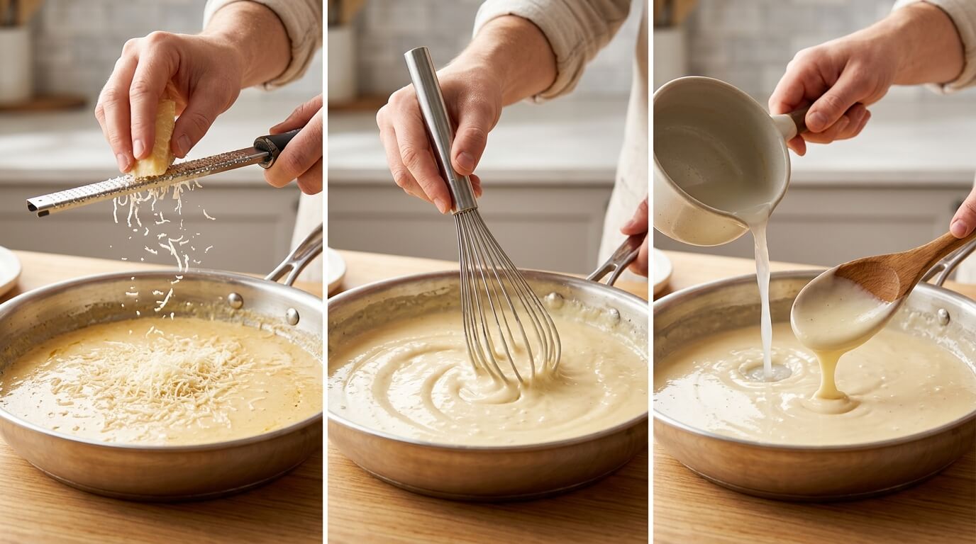 Cooking Salmon Alfredo Pasta sauce by adding cheese, whisking until smooth, and pouring cream for a rich texture