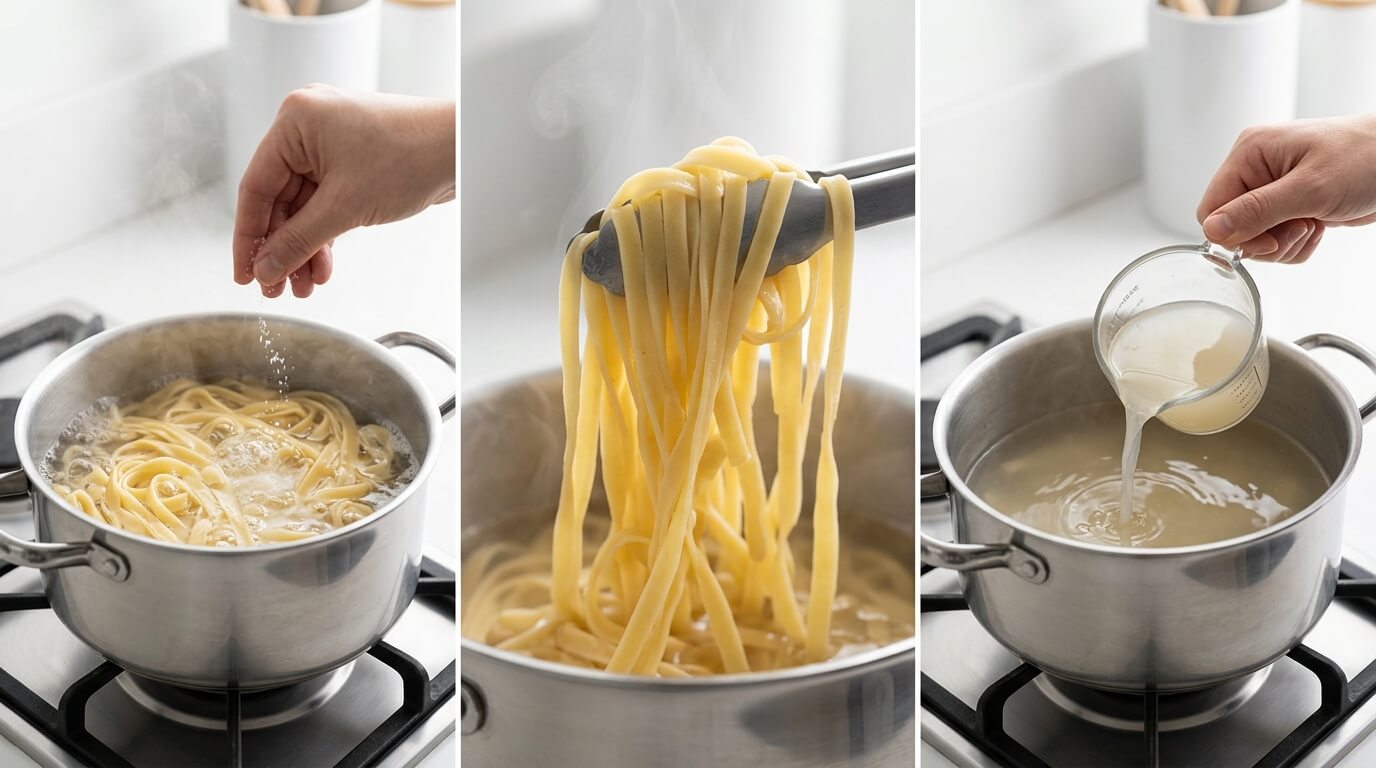 Cooking Salmon Alfredo Pasta with boiling fettuccine, lifting noodles, and adding creamy sauce to pot