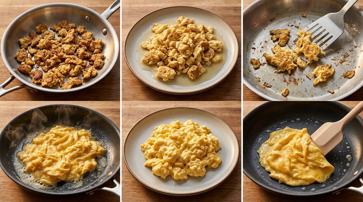 Scrambled eggs cooking process collage: bacon bits, perfect fluffy scrambled eggs, overcooked scrambled eggs, creamy eggs in pan, plated scrambled eggs, and stirring soft scrambled eggs with a spatula