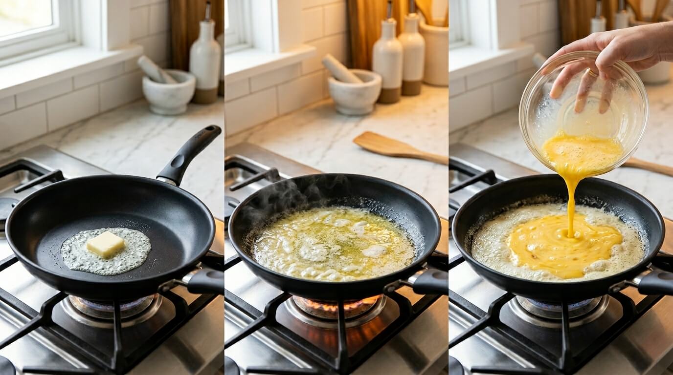 Cooking Ham and Cheese Omelette by melting butter in pan, heating, and pouring in beaten eggs to cook