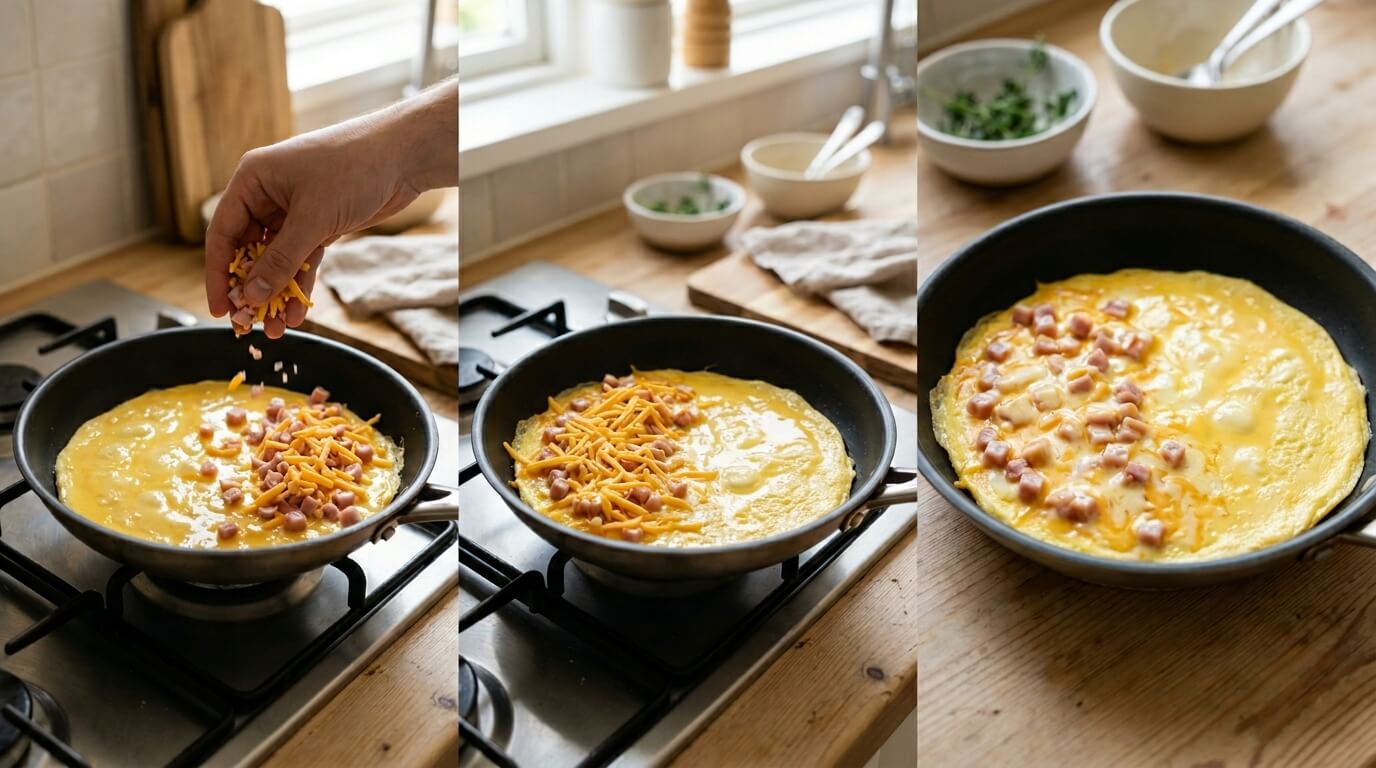 Making Ham and Cheese Omelette by adding diced ham and shredded cheese, then cooking until melted and set