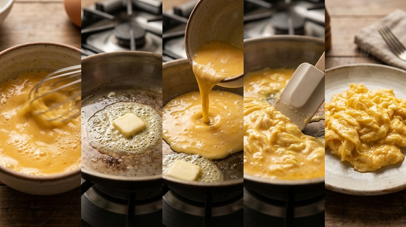 Step-by-step process of making scrambled eggs: whisking eggs in a bowl, melting butter in a pan, pouring beaten eggs into the hot pan, stirring with a spatula, and finished fluffy scrambled eggs on a plate