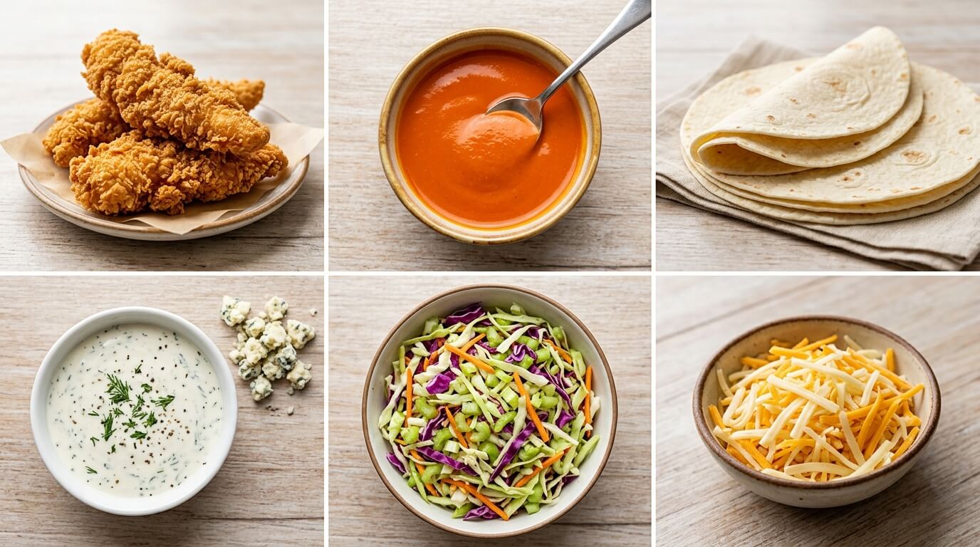 Crispy Buffalo Chicken Wraps ingredients: crispy fried chicken tenders, spicy buffalo sauce, soft flour tortillas, creamy ranch dressing, blue cheese crumbles, fresh coleslaw mix, and shredded cheddar cheese arranged on a wooden surface