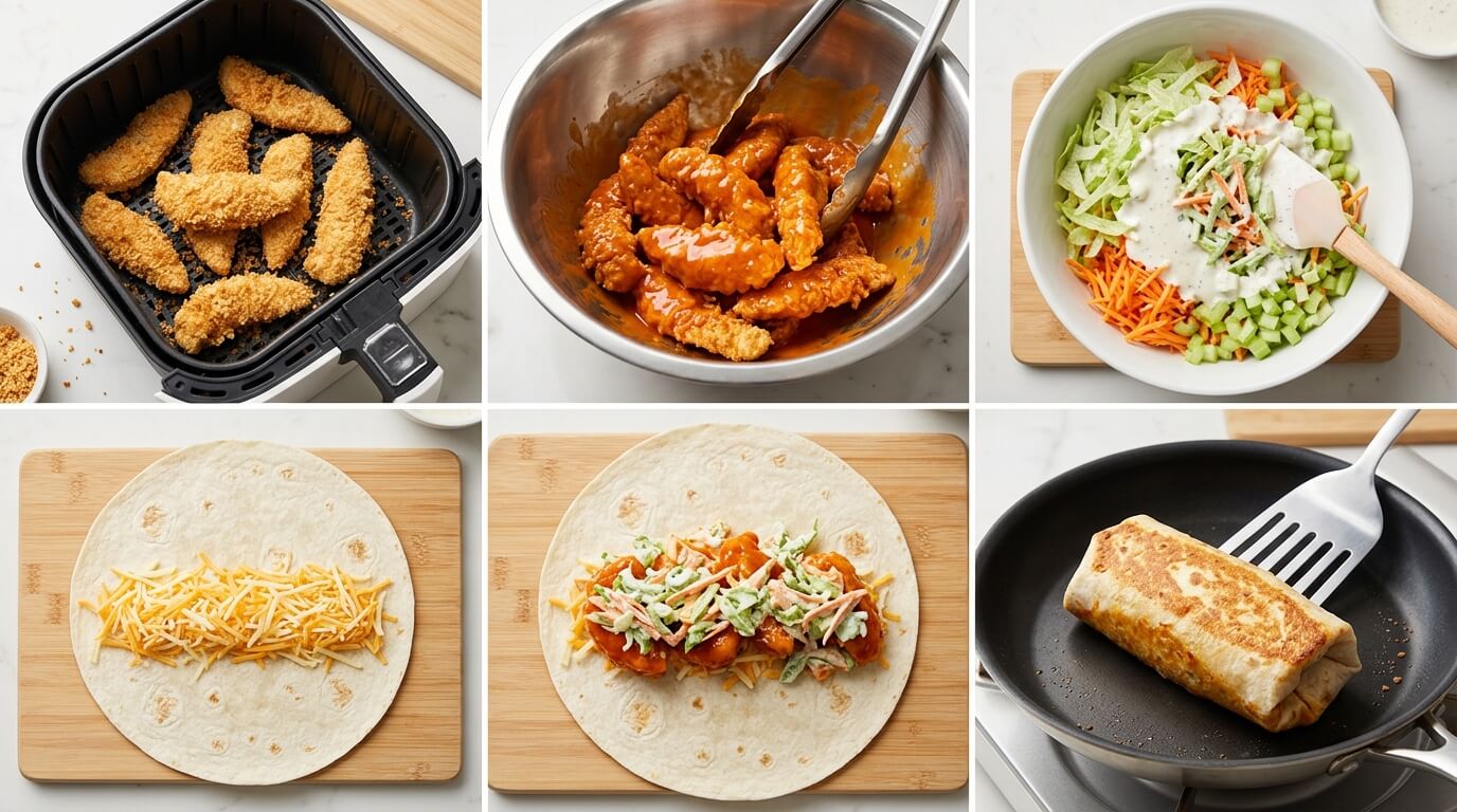 Crispy Buffalo Chicken Wraps recipe steps: air fryer chicken, buffalo sauce, coleslaw, cheese, wrap assembly, and pan searing
