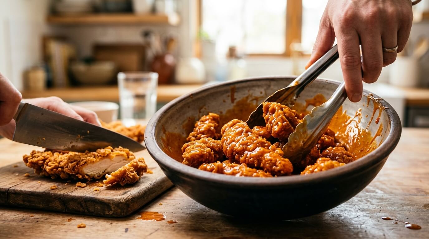Tossing crispy chicken in buffalo sauce for a Crispy Buffalo Chicken Wraps Recipe