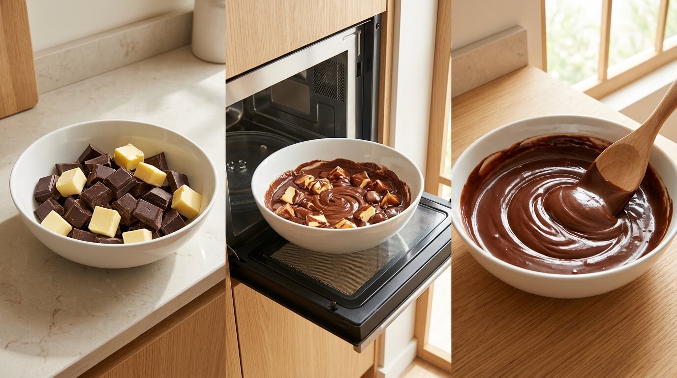 Melting chocolate and butter for Gooey Chocolate Lava Brookie Cake, microwaving and stirring into smooth mixture