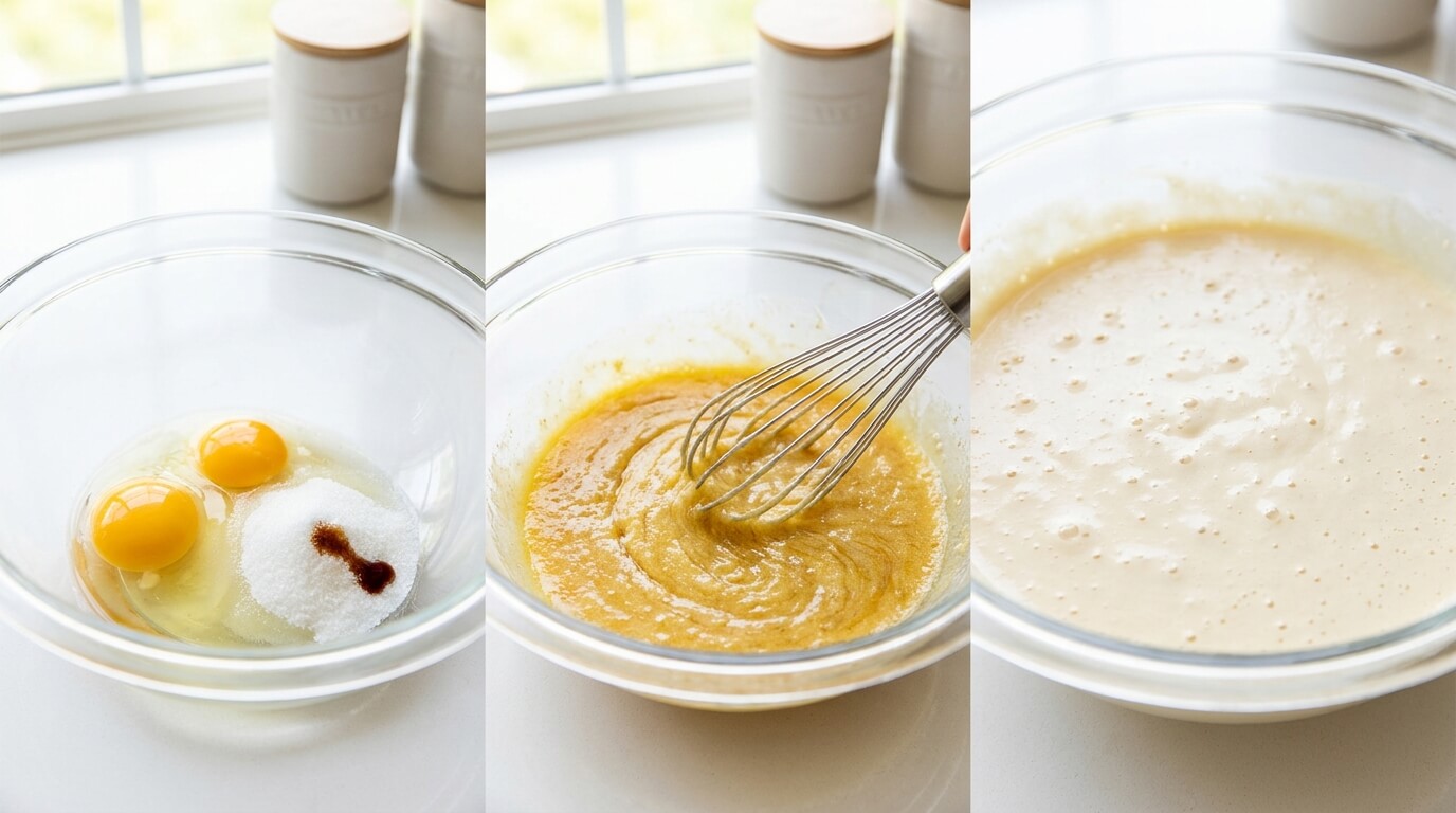 Mixing Gooey Chocolate Lava Brookie Cake batter with eggs, sugar, whisking smooth, and creating light fluffy mixture