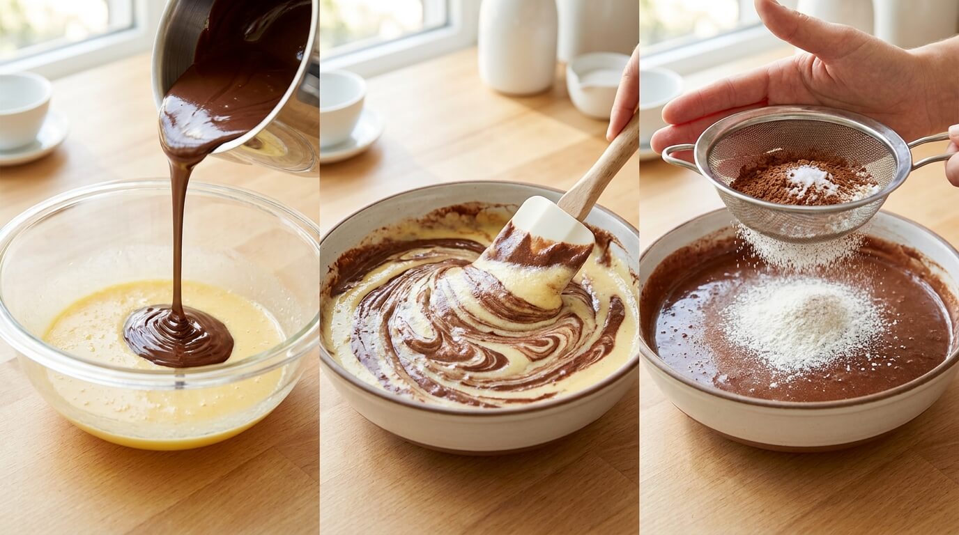 Preparing Gooey Chocolate Lava Brookie Cake by adding melted chocolate, folding batter, and sifting flour into mixture
