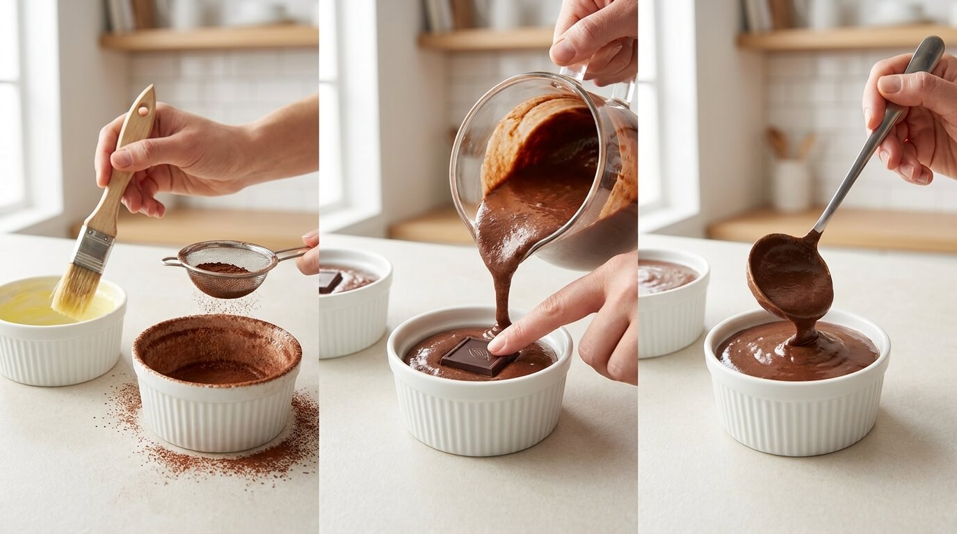 Assembling Gooey Chocolate Lava Brookie Cake by greasing ramekins, adding batter, and filling with chocolate center