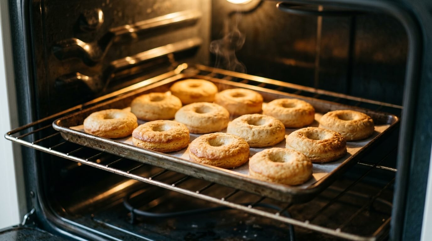 Baking Churro Cheesecake Donut Cookies in oven on tray until golden and slightly crisp on the outside