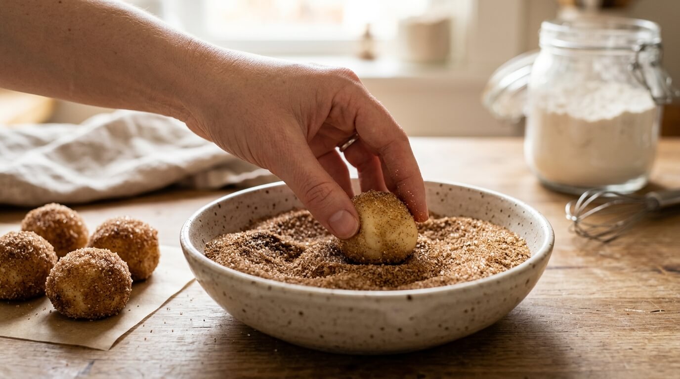 Coating Churro Cheesecake Donut Cookies dough balls in cinnamon sugar for a crisp sweet outer layer