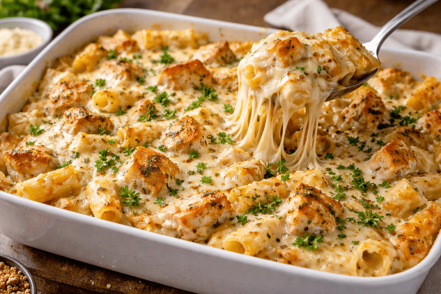 Cheesy chicken alfredo pasta baked in a white dish, featuring rigatoni noodles, golden pan:seared chicken, a melted mozzarella cheese pull, and fresh parsley.