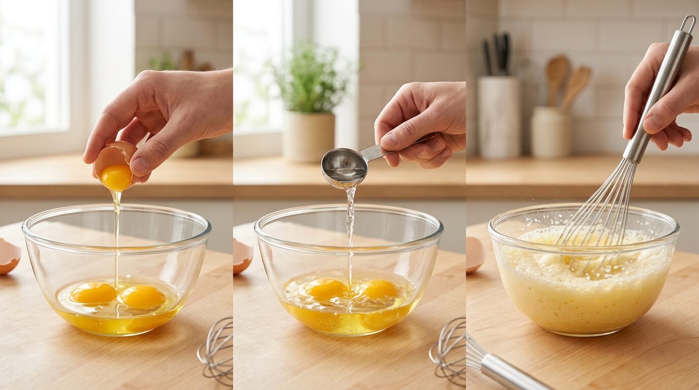 Preparing Ham and Cheese Omelette by cracking eggs, adding liquid, and whisking into a smooth mixture