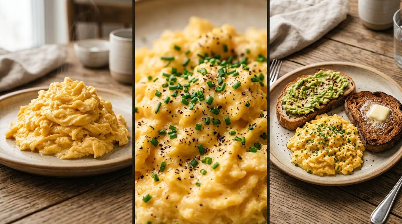 Fluffy scrambled eggs served three ways: a generous pile on a ceramic plate, close-up of creamy scrambled eggs garnished with fresh chives and black pepper, and a full breakfast plate with scrambled eggs, avocado toast, and buttered sourdough