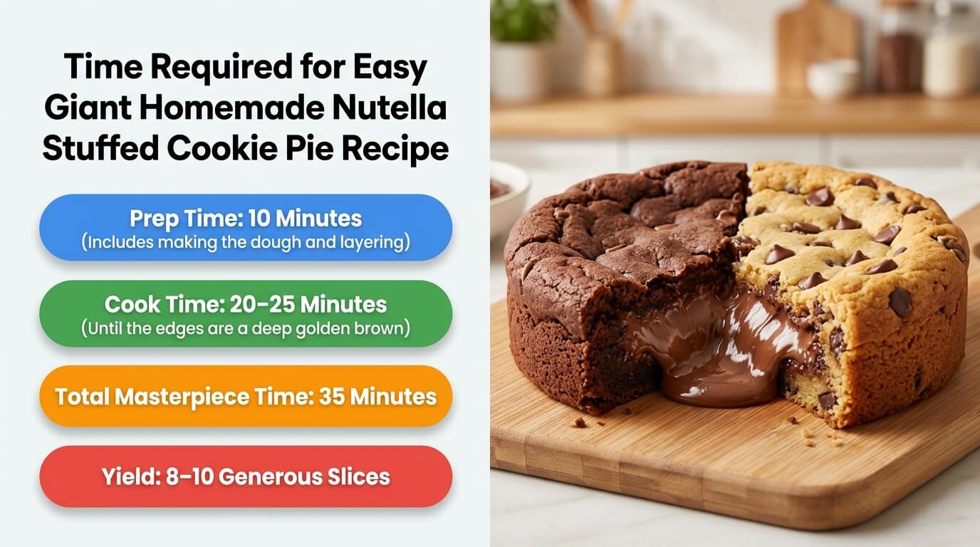 Nutella Stuffed Cookie Pie with gooey chocolate center and prep, cook time, and serving details graphic