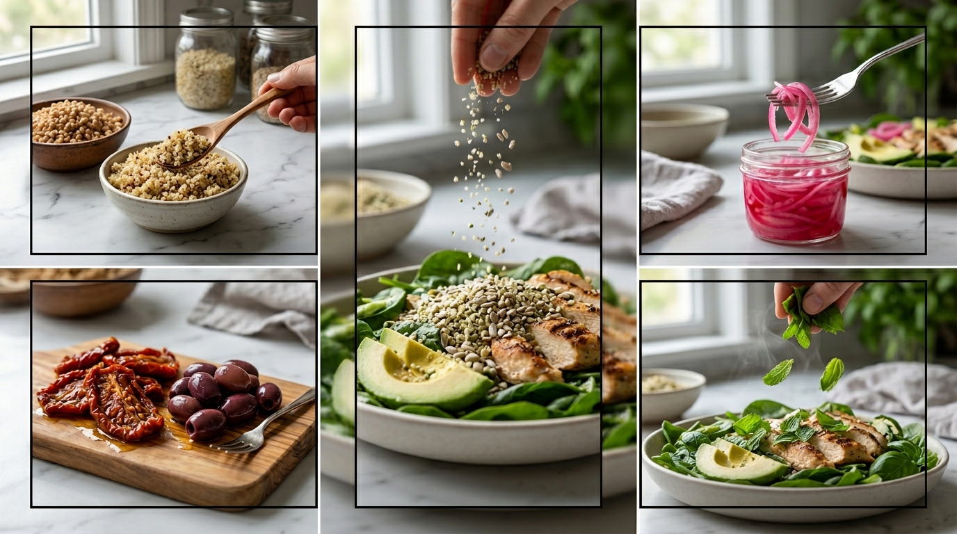 Ingredients and toppings for Spinach Salad with Chicken, Avocado, and Goat Cheese including seeds, onions, and greens