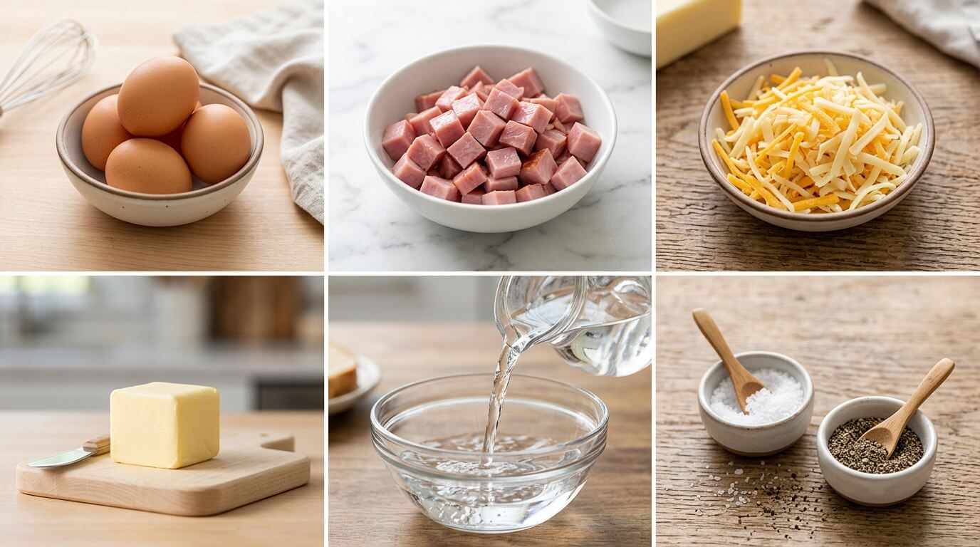 Ham and Cheese Omelette ingredients: fresh eggs, diced ham, shredded cheddar cheese, butter, water, salt, and black pepper arranged on a wooden and marble surface