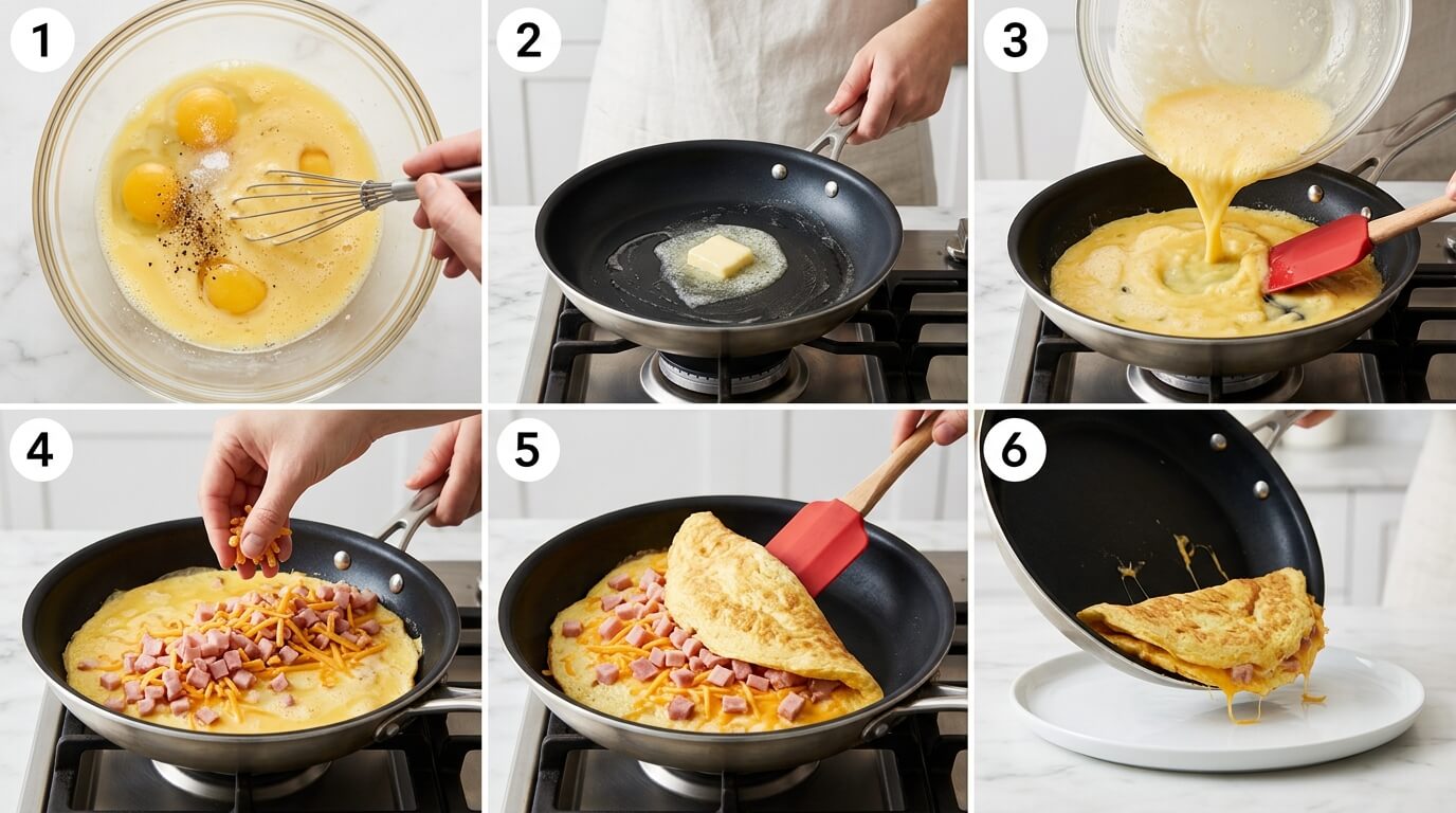 Ham and Cheese Omelette recipe steps: melting butter in pan, cooking omelette, whisking eggs, and beaten egg mixture