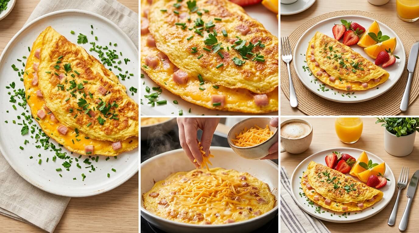 Ham and Cheese Omelette final presentation: golden fluffy omelettes filled with diced ham and melted cheddar cheese, garnished with fresh parsley, topped with shredded cheese, and served with strawberries, orange slices, and orange juice for a beautiful breakfast or brunch