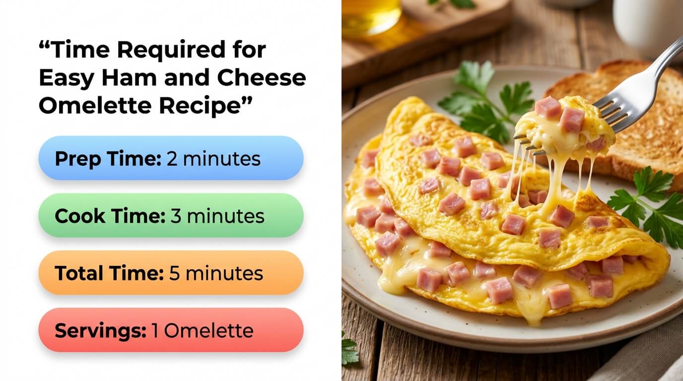 Ham and Cheese Omelette with melted cheese and diced ham, served with prep, cook time, and serving details graphic