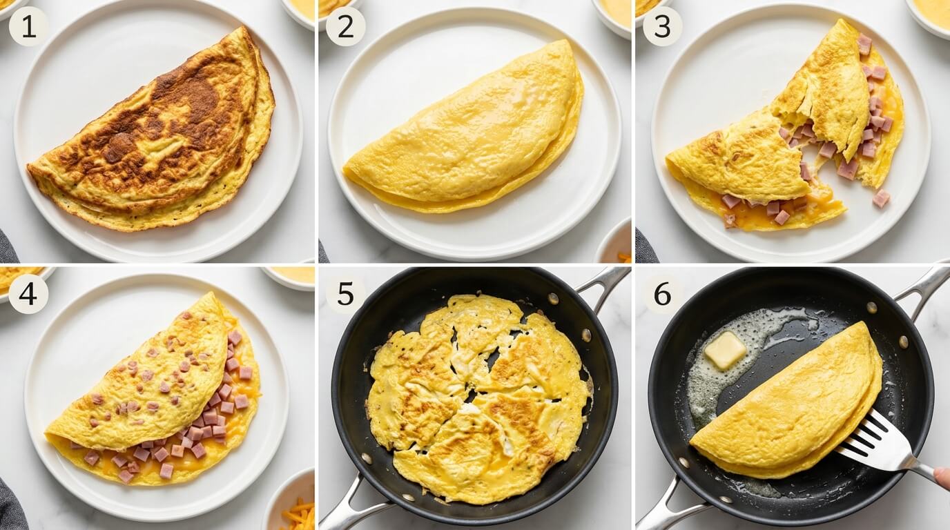 How to make Ham and Cheese Omelette at home – step by step guide showing folding, slicing to show filling, cooking in pan, and flipping fluffy ham and cheese omelette