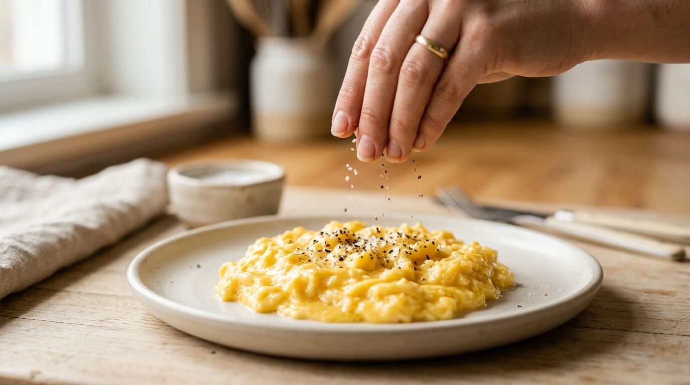 Scrambled eggs served on plate with soft creamy texture, topped with salt and pepper seasoning