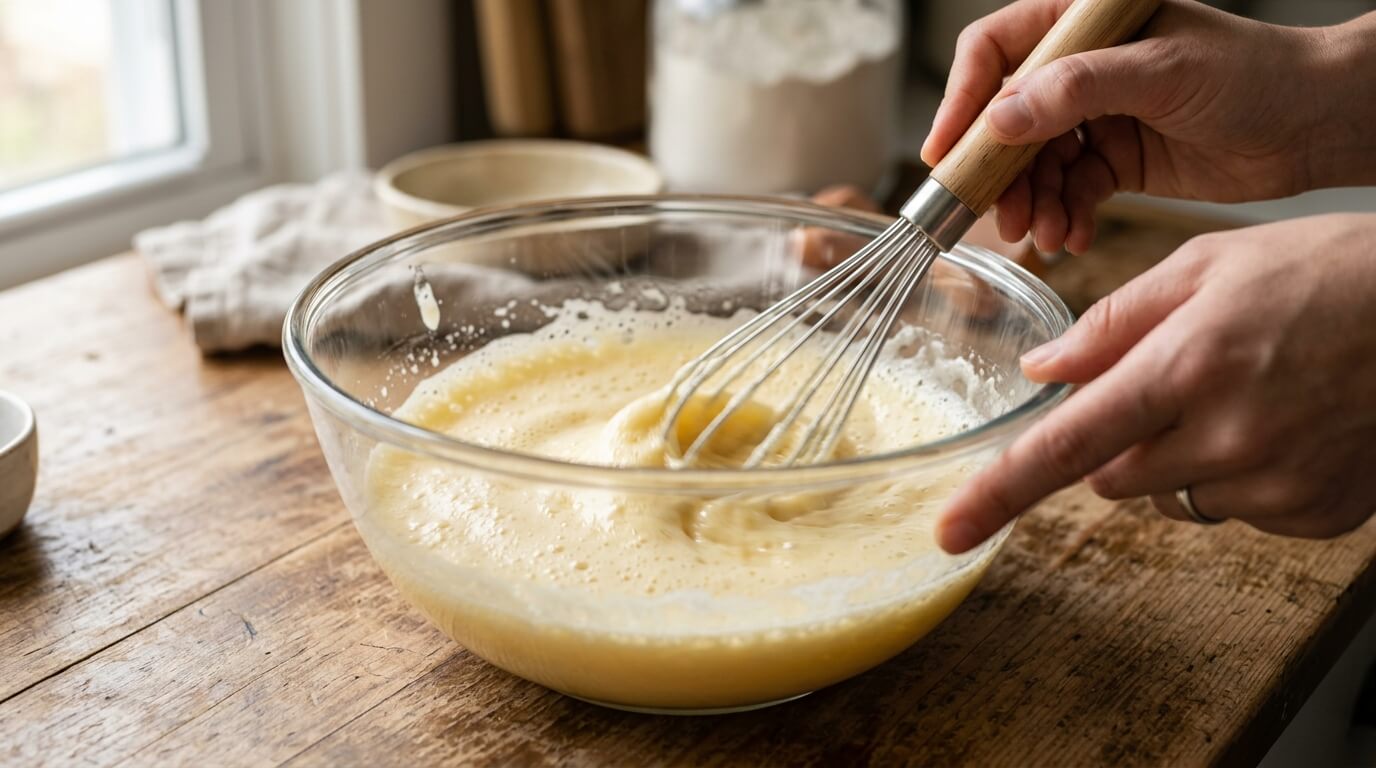 Preparing scrambled eggs by whisking eggs in bowl until smooth and airy mixture before cooking