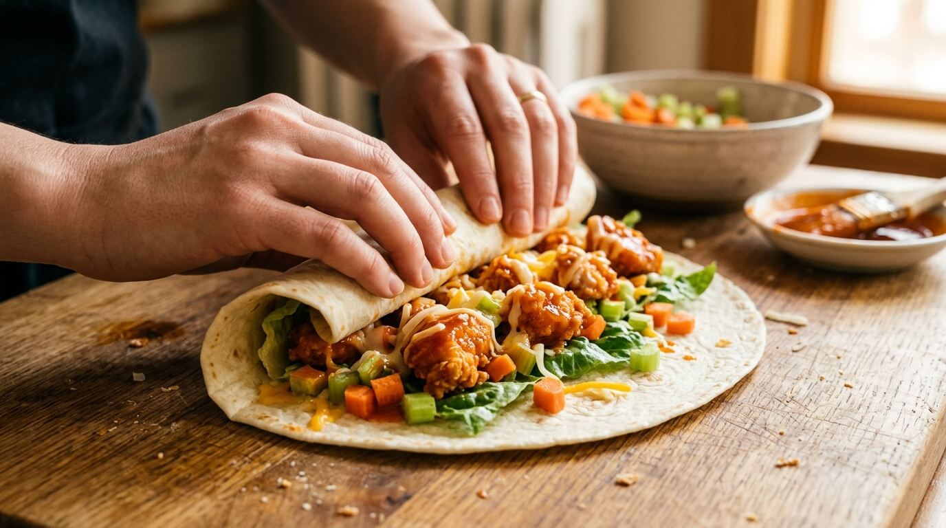 Folding tortilla with buffalo chicken and veggies for a Crispy Buffalo Chicken Wraps Recipe