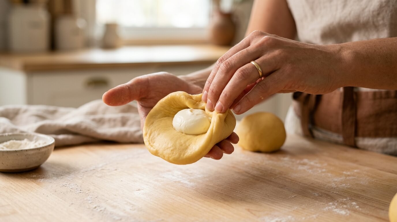Alt text: Filling Churro Cheesecake Donut Cookies dough with cream cheese center by shaping and sealing dough in hands