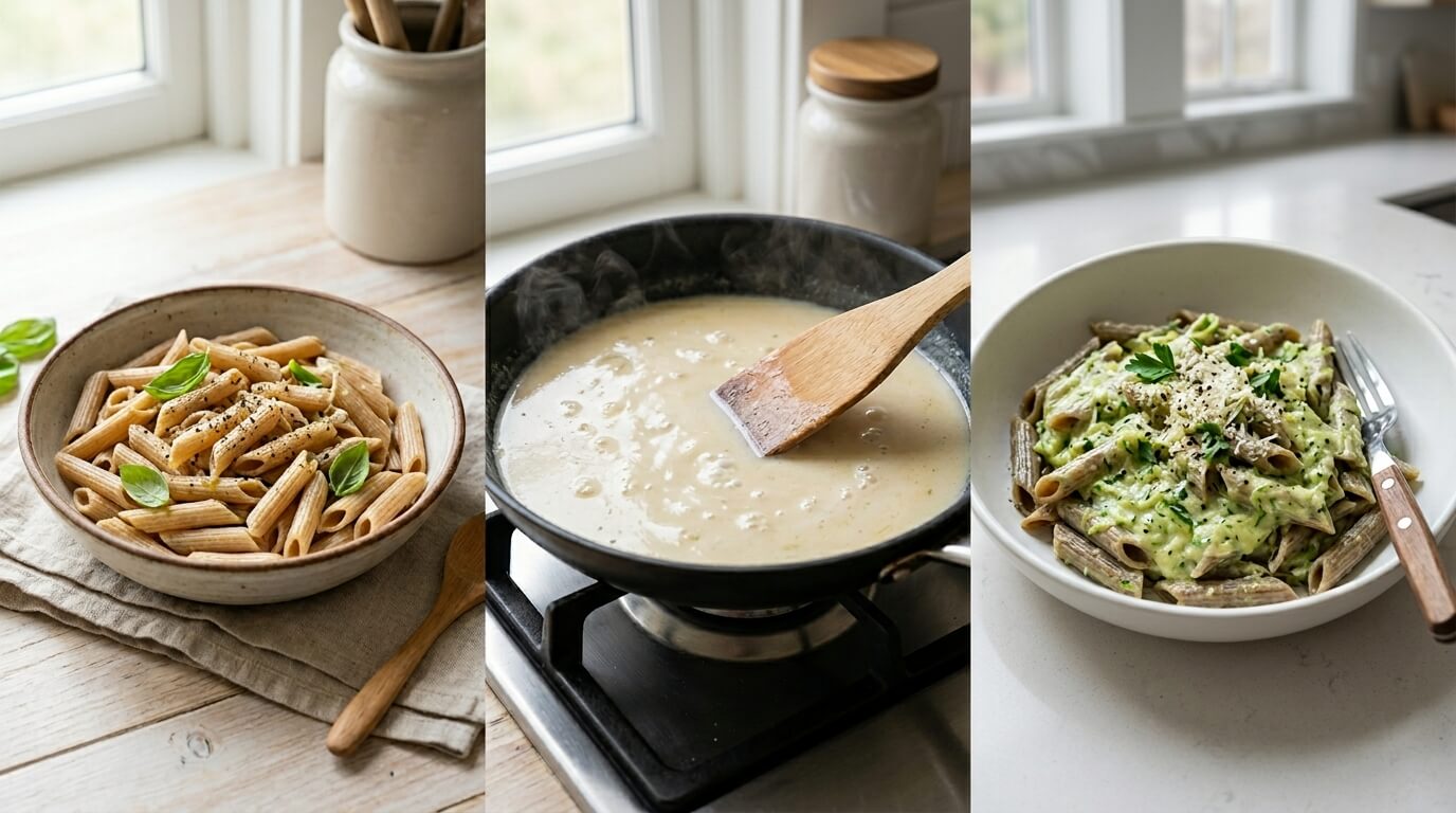 Chicken Alfredo Oven Bake Pasta variations with penne, creamy Alfredo sauce cooking, and plated pasta with herbs