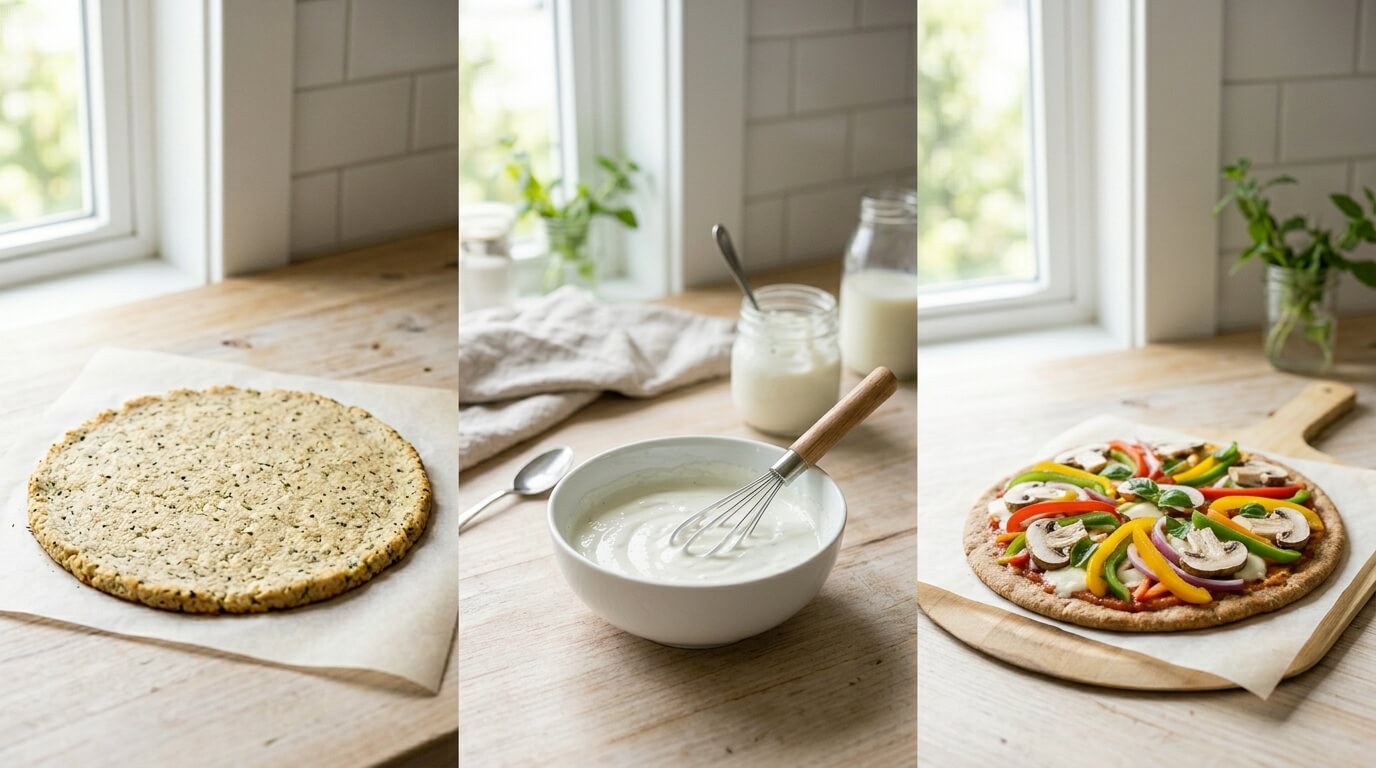 Chicken Alfredo Pizza variation with cauliflower crust, creamy sauce, and veggie-topped pizza alternative