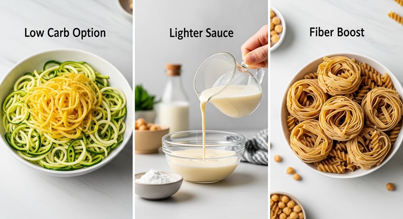 Healthy Salmon Alfredo Pasta options with zucchini noodles, lighter cream sauce, and high-fiber pasta alternatives
