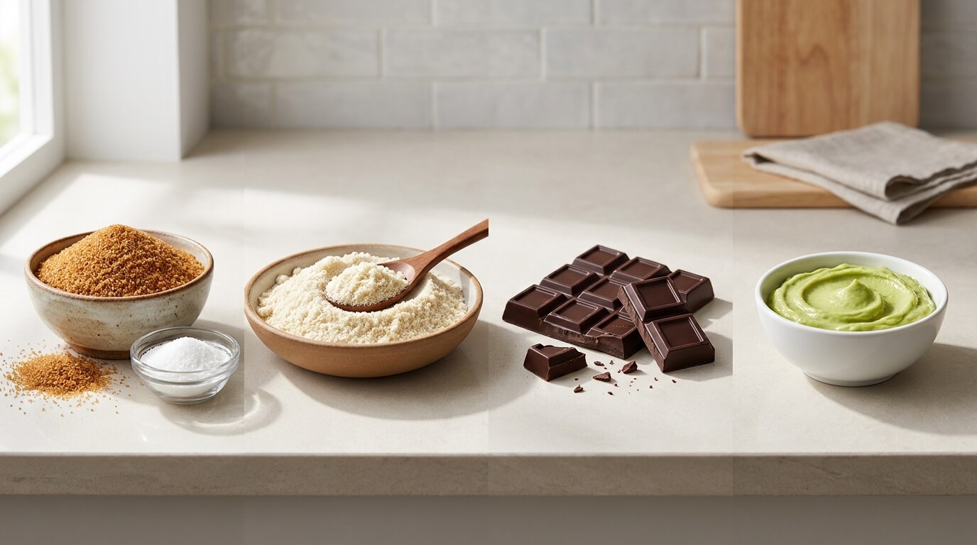 Ingredients for Gooey Chocolate Lava Brookie Cake including sugar, flour, chocolate, and butter on kitchen counter