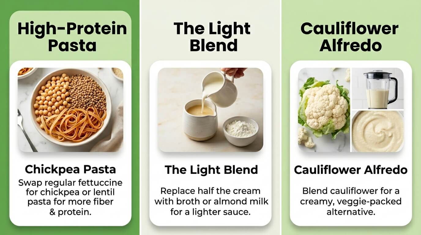 Healthy Chicken Alfredo Pasta swaps with chickpea pasta, lighter cream blend, and cauliflower Alfredo alternatives