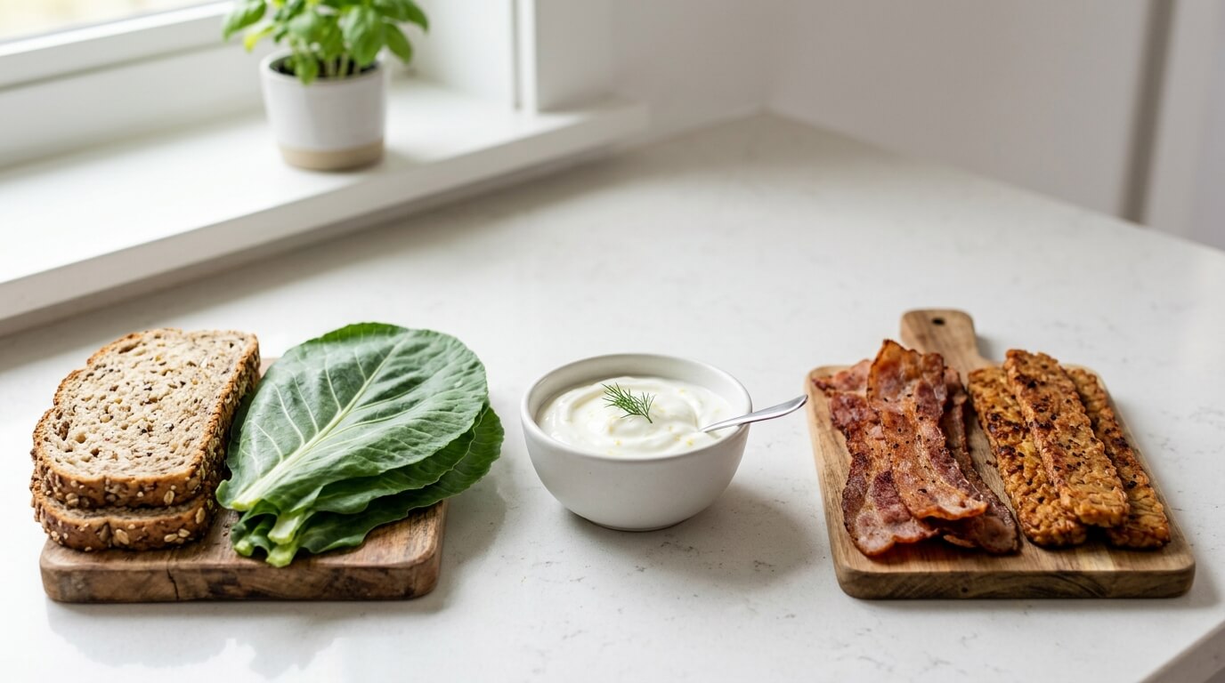 Turkey chicken club sandwich ingredients with bread, lettuce, sauce, bacon, and chicken prepared on kitchen counter