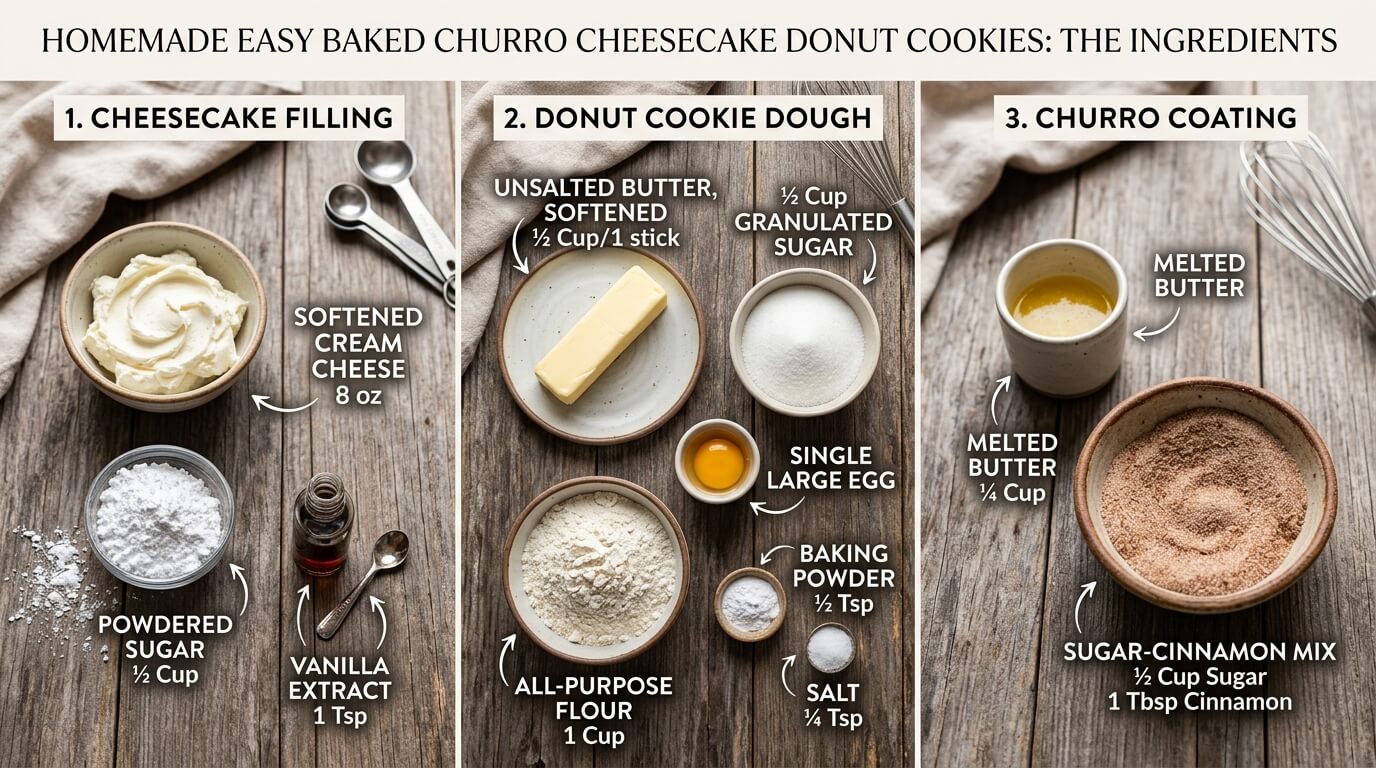 Churro Cheesecake Donut Cookies ingredients showing cream cheese filling, dough components, and cinnamon sugar coating setup