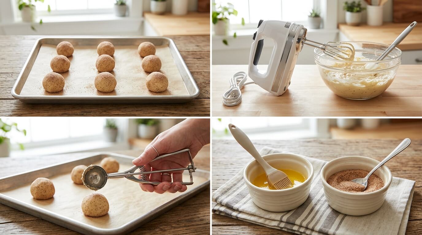 Step-by-step process for making Baked Churro Cheesecake Donut Cookies: cookie dough balls on a baking tray, mixing donut cookie dough with a hand mixer, using a cookie scoop to portion dough, and melted butter with cinnamon sugar coating ready for dipping