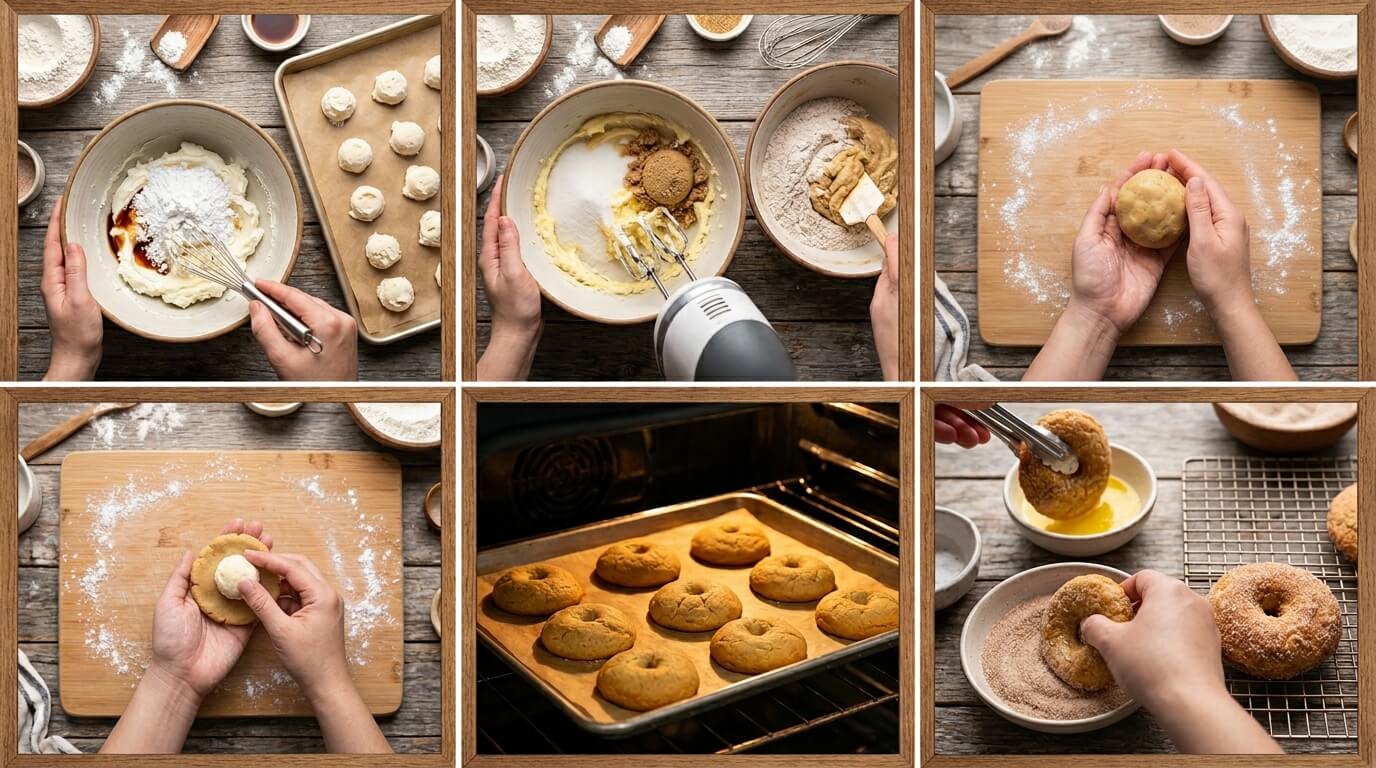 Visual tutorial collage for Baked Churro Cheesecake Donut Cookies showing hands mixing cookie dough with electric mixer, scooping dough balls, shaping into donut cookies on a wooden board, baking on a tray, and dipping the golden baked donuts in melted butter and cinnamon sugar