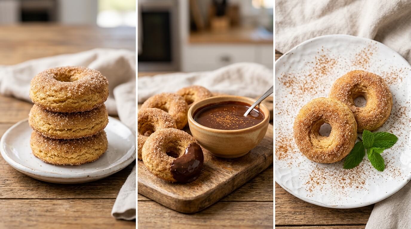 Churro Cheesecake Donut Cookies served with cinnamon sugar coating and chocolate dipping sauce on plate