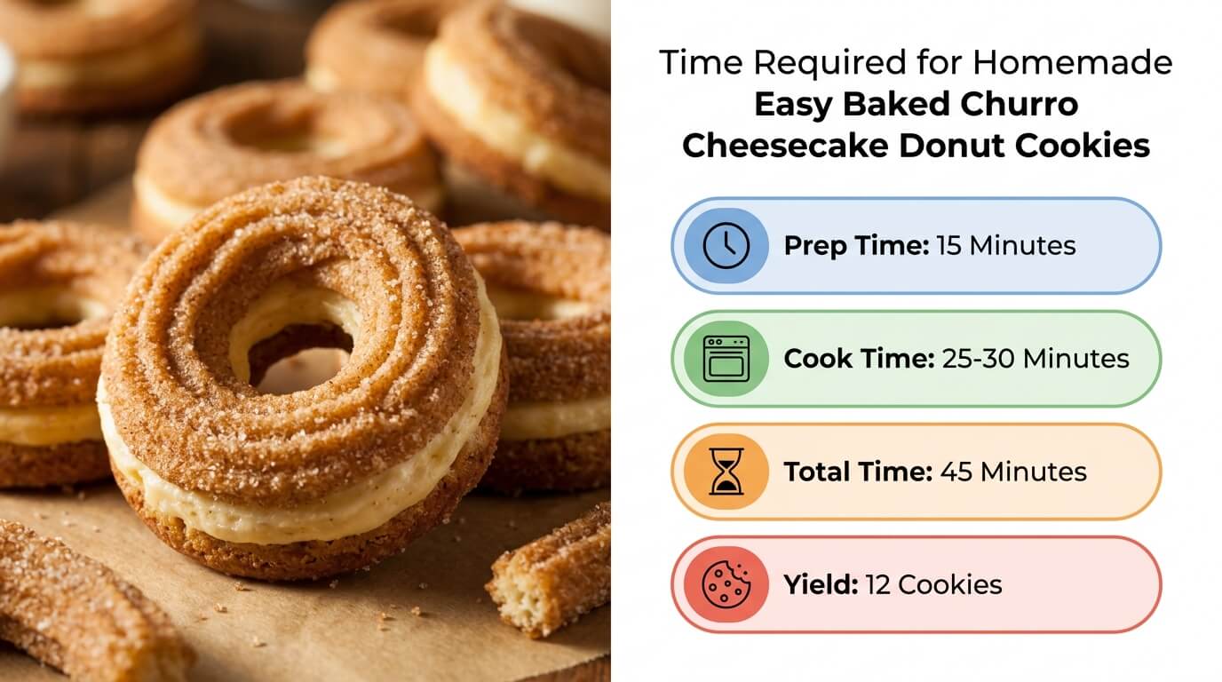 Churro Cheesecake Donut Cookies with cinnamon sugar coating and prep, cook time, and yield details graphic