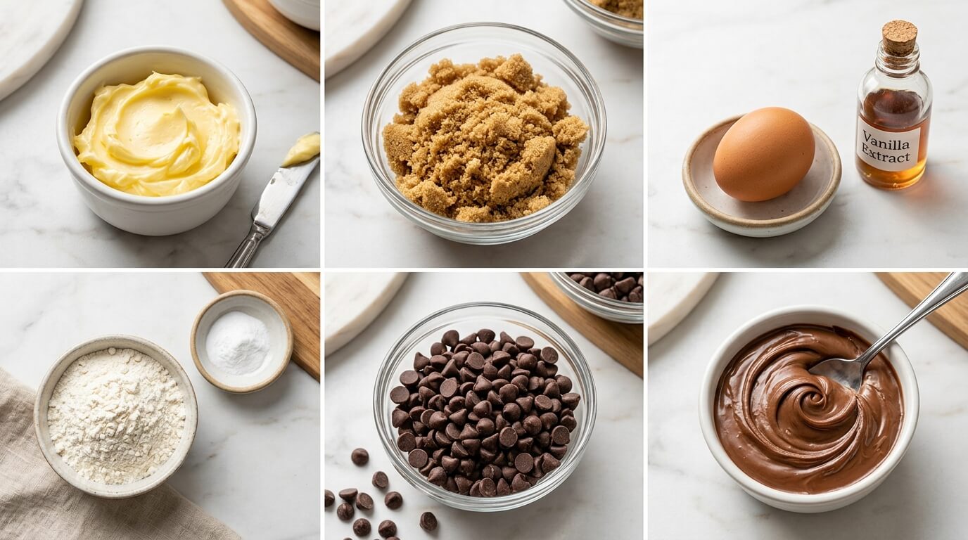 Nutella Stuffed Cookie Pie ingredients: butter, brown sugar, egg, vanilla extract, flour, salt, chocolate chips, and creamy Nutella spread laid out on marble countertop