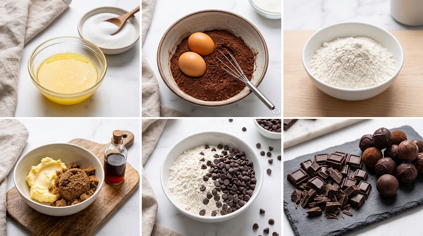 Gooey Chocolate Lava Brookie Cake with molten chocolate center oozing out, topped with fresh mint leaves and served with raspberries on a white plate